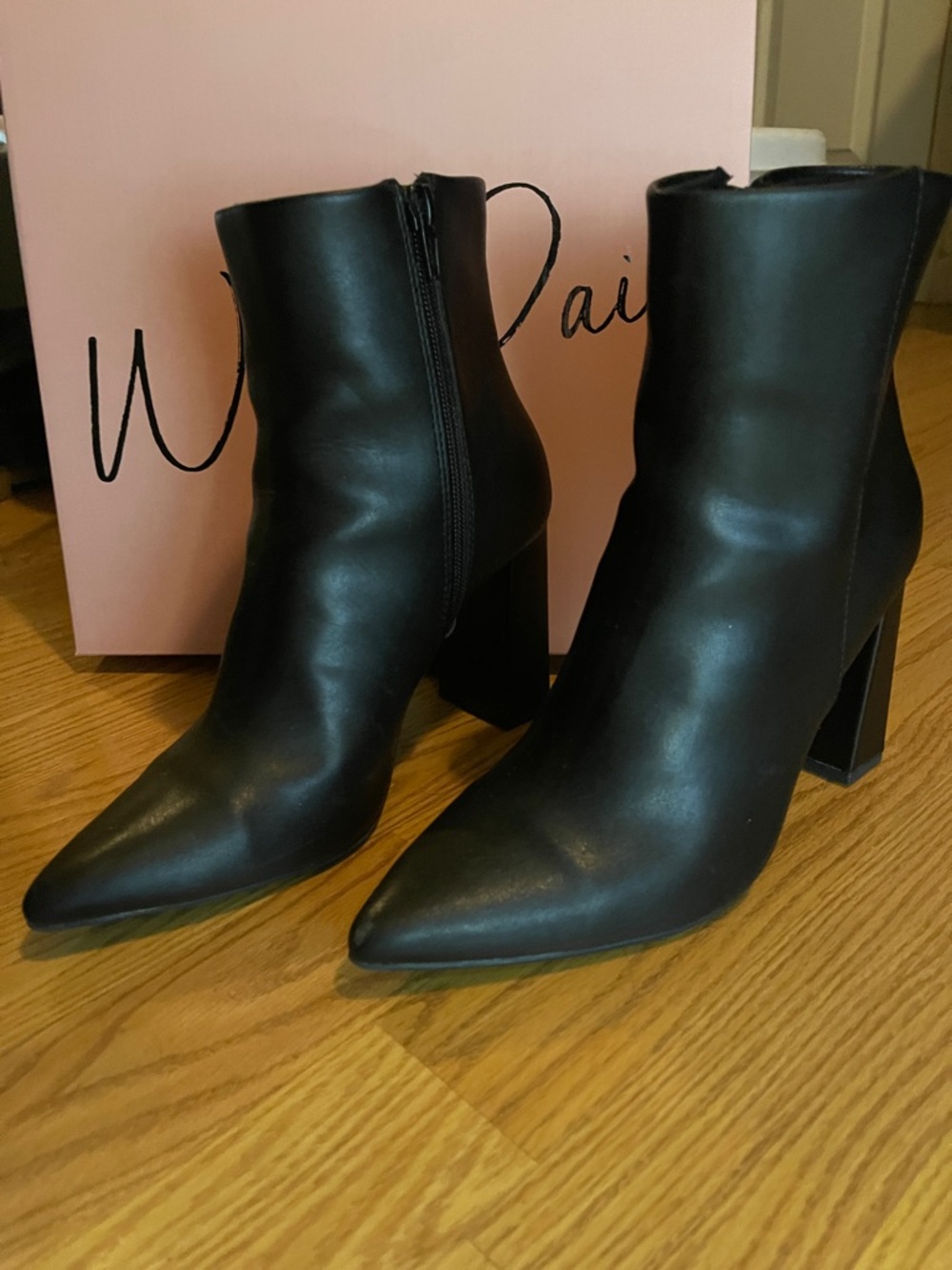 Wild Pair Black Pointed Toe Block Heel Ankle Booties